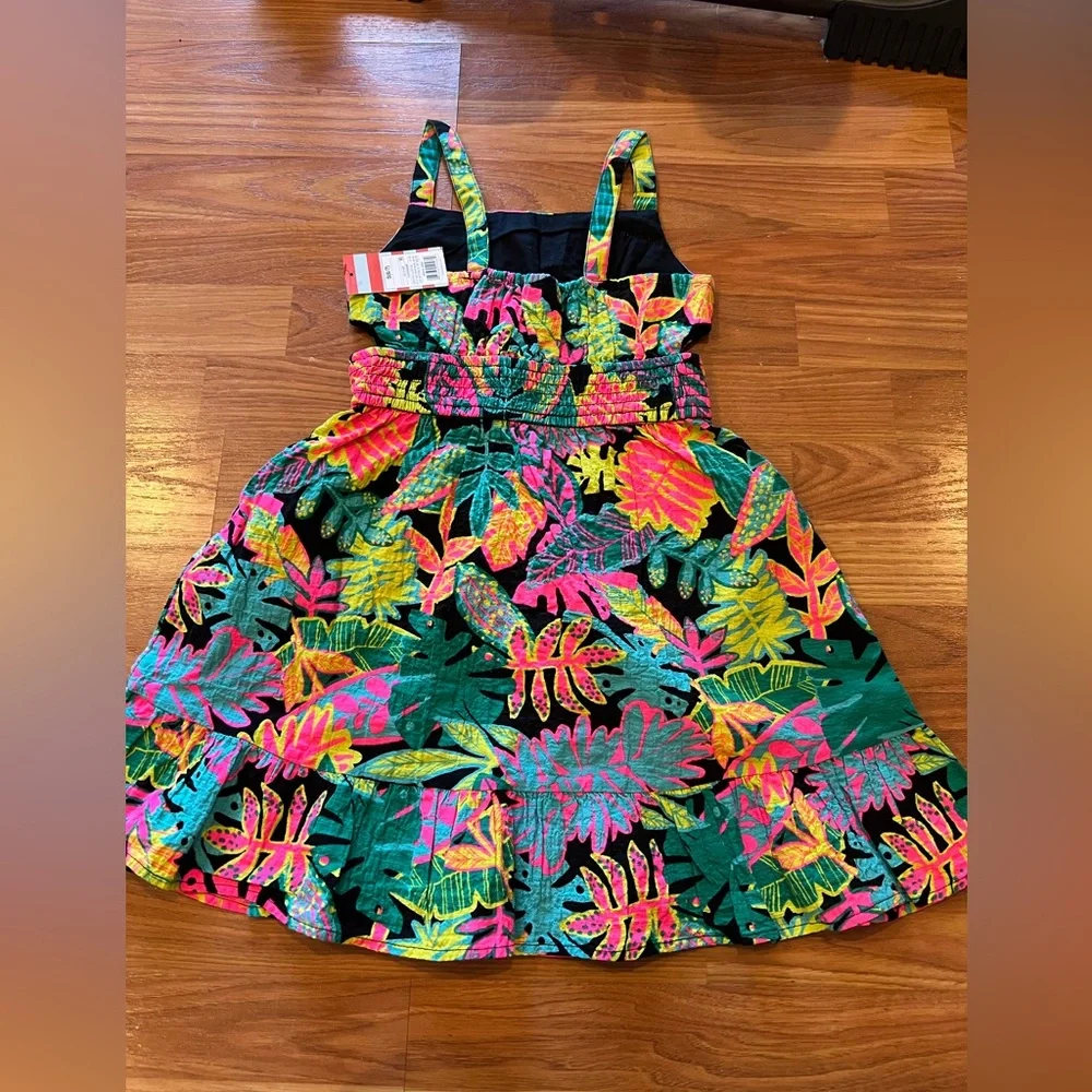 1. Girls Sundress - Tropical Foliage Print Dress - Black w Bright Colors